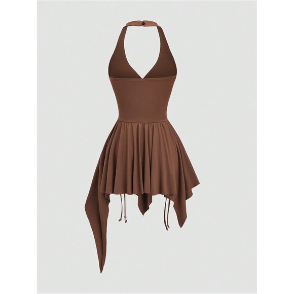 Women's Halter Dress Polyester V Neck Ruched Asymmetrical Short Casual - Picture 2 of 5